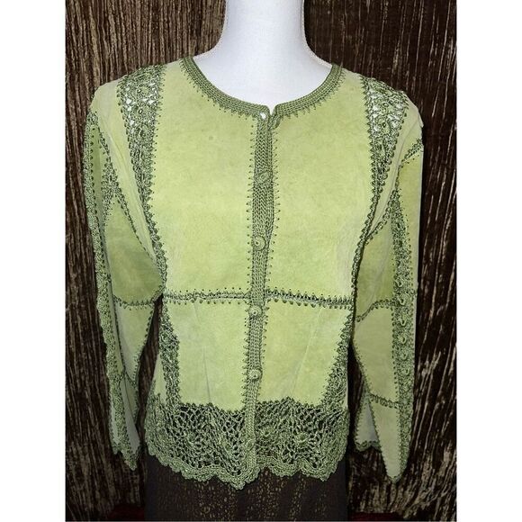 Women’s VTG Leather & Crochet Patchwork Cardigan Sweater - Picture 11 of 11